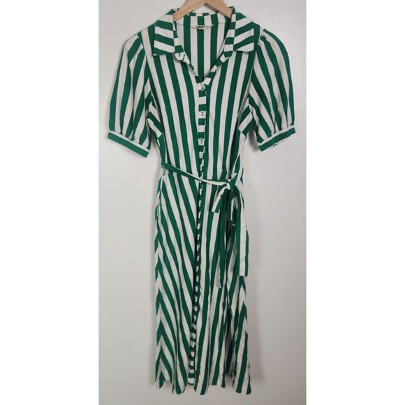 Boden Women's Sz. 8 Green & White Stripe Midi Button Down Dress - Picture 1 of 6